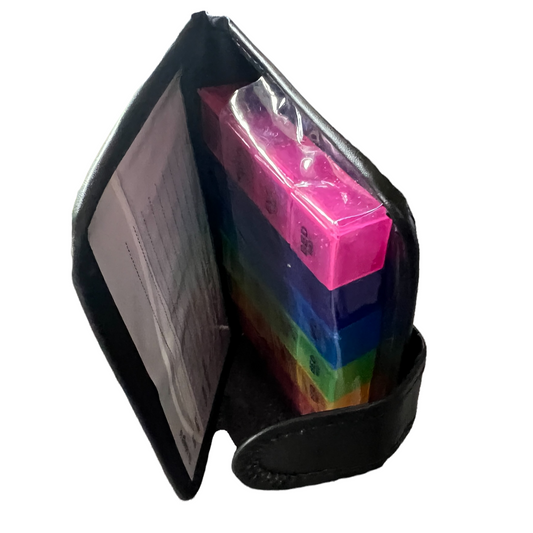 7 Day Pill Box — 4 Doses Daily Leather Case Managing Medications SPIRIT SPARKPLUGS