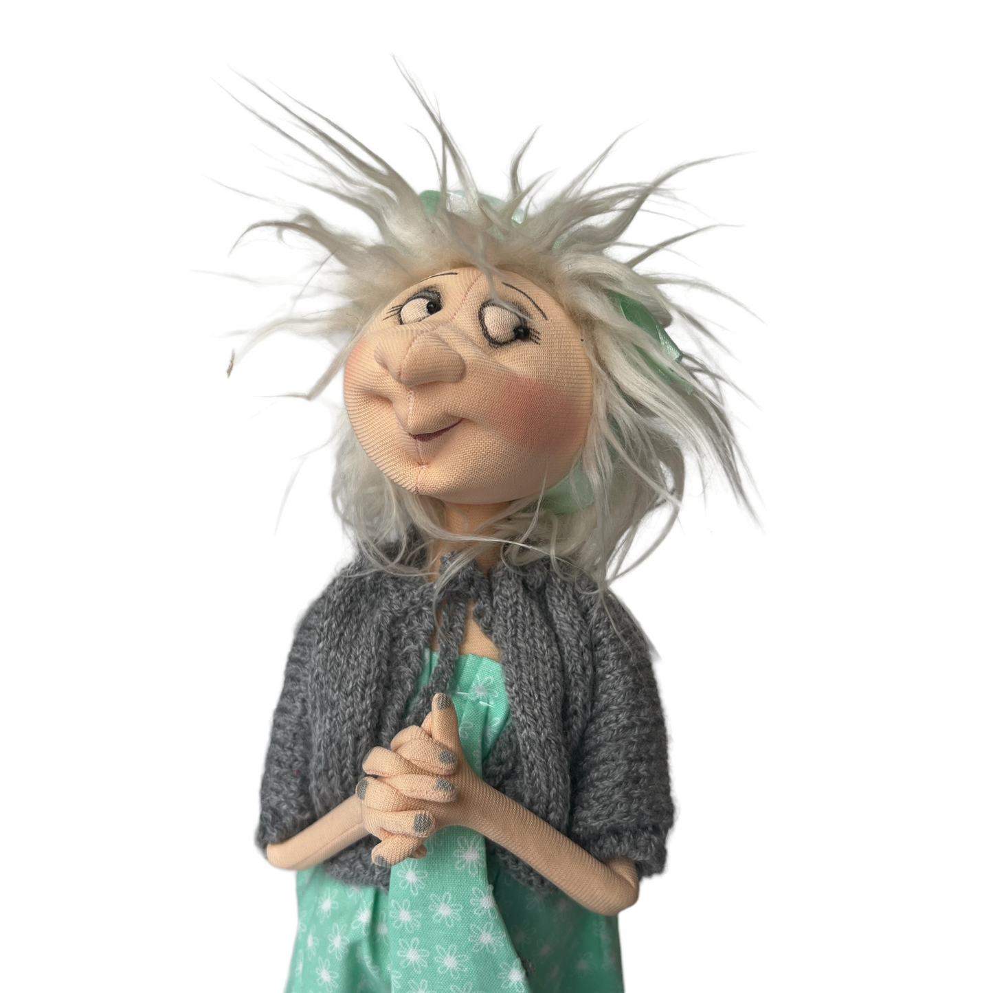 Tina, Sitting Standing Dolls Splash Quilting Large / Green Dress with Grey Cardy